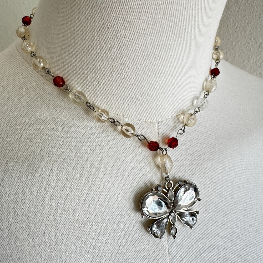 Rhinestone Butterfly Necklace Silver Tone Orange Faceted Beads Boho Y2k Fall